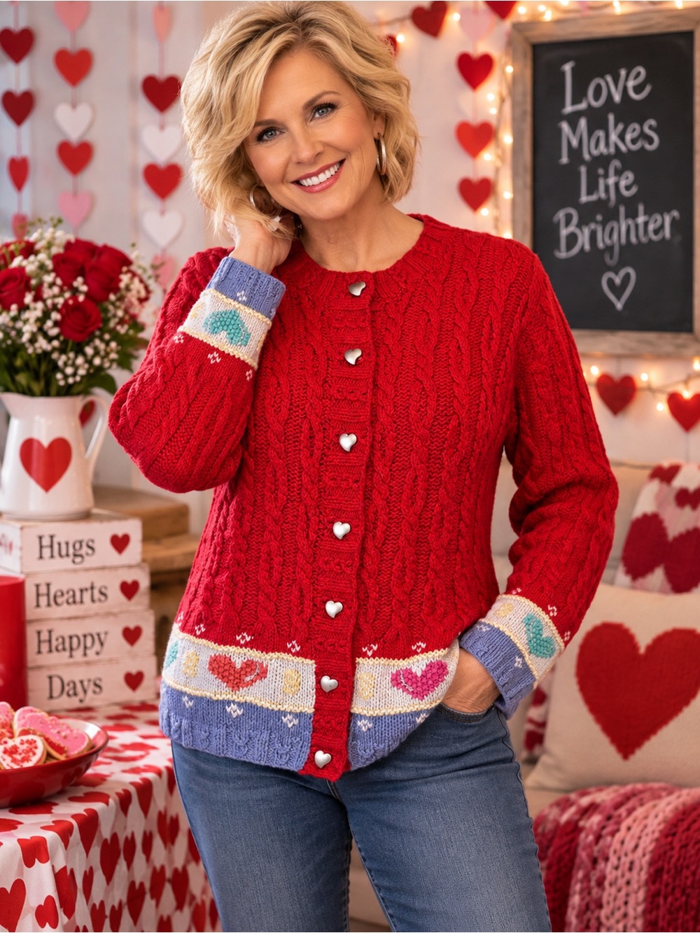 Vtg 90's Karen Scott Red Heart Cardigan Cable Knit Sweater Sz M Heart Buttons